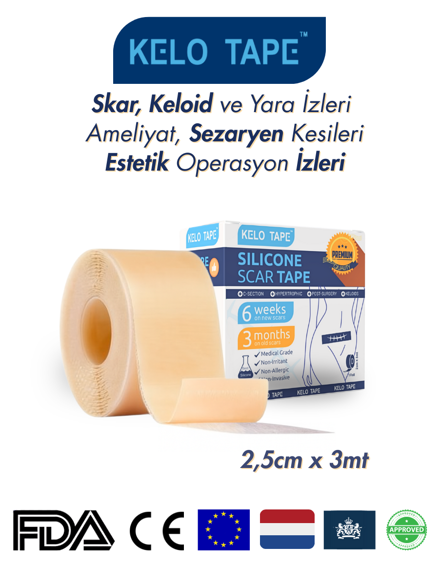 KELO TAPE Soft Silikon Bant Estetik Keloid Yanık Sezaryen Dikiş Ameliyat İzi Giderici 2,5 cm x 3 mt