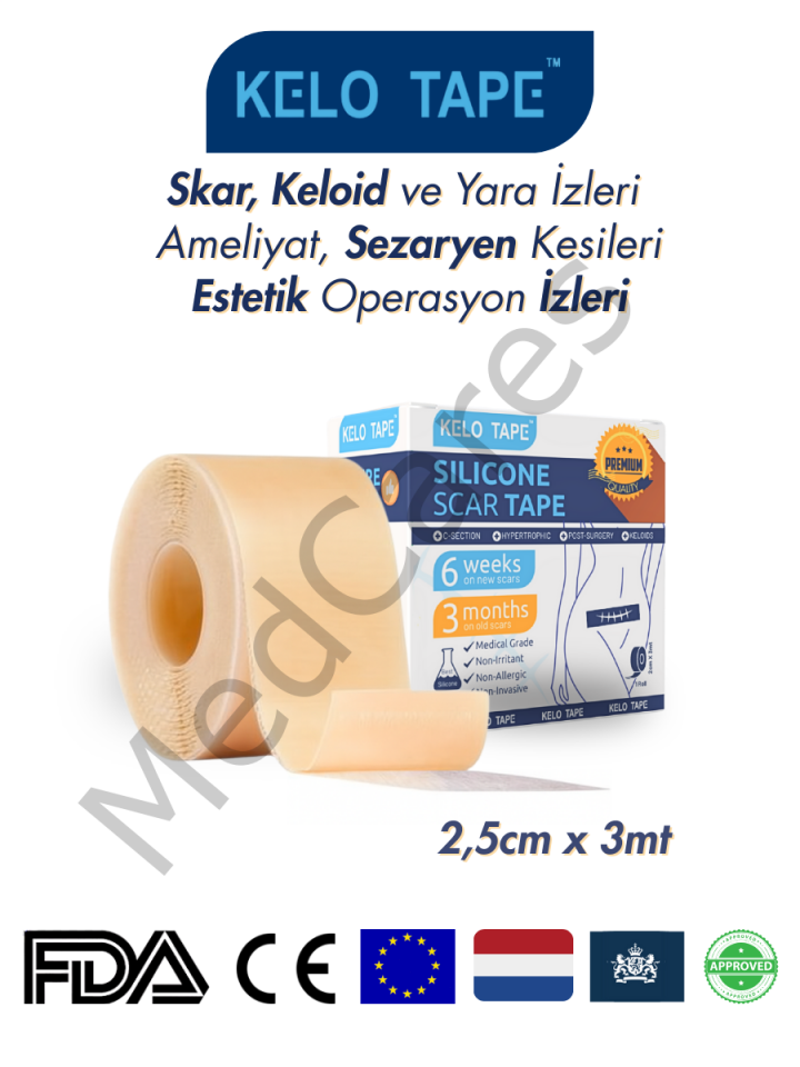 Kelo Tape Soft Silikon Bant Estetik Keloid Yanık Sezaryen Dikiş Ameliyat İzi Giderici 2,5 cm x 3 mt