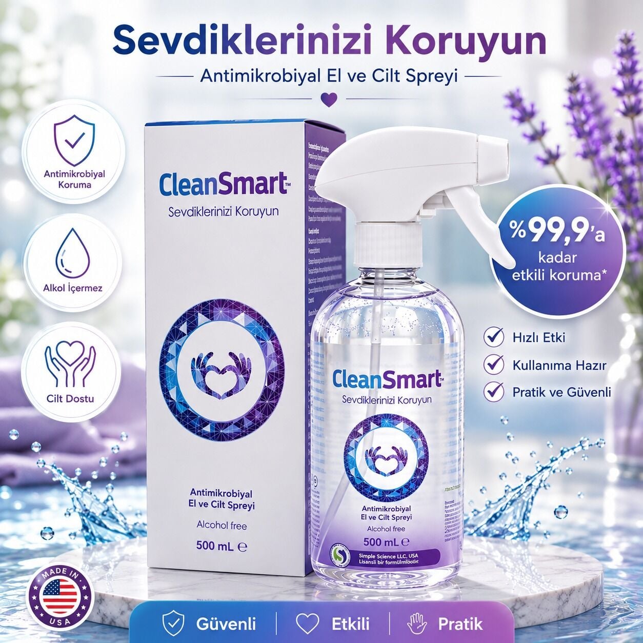 CLEANSMART Antimikrobiyal El ve Cilt Spreyi 500 ml