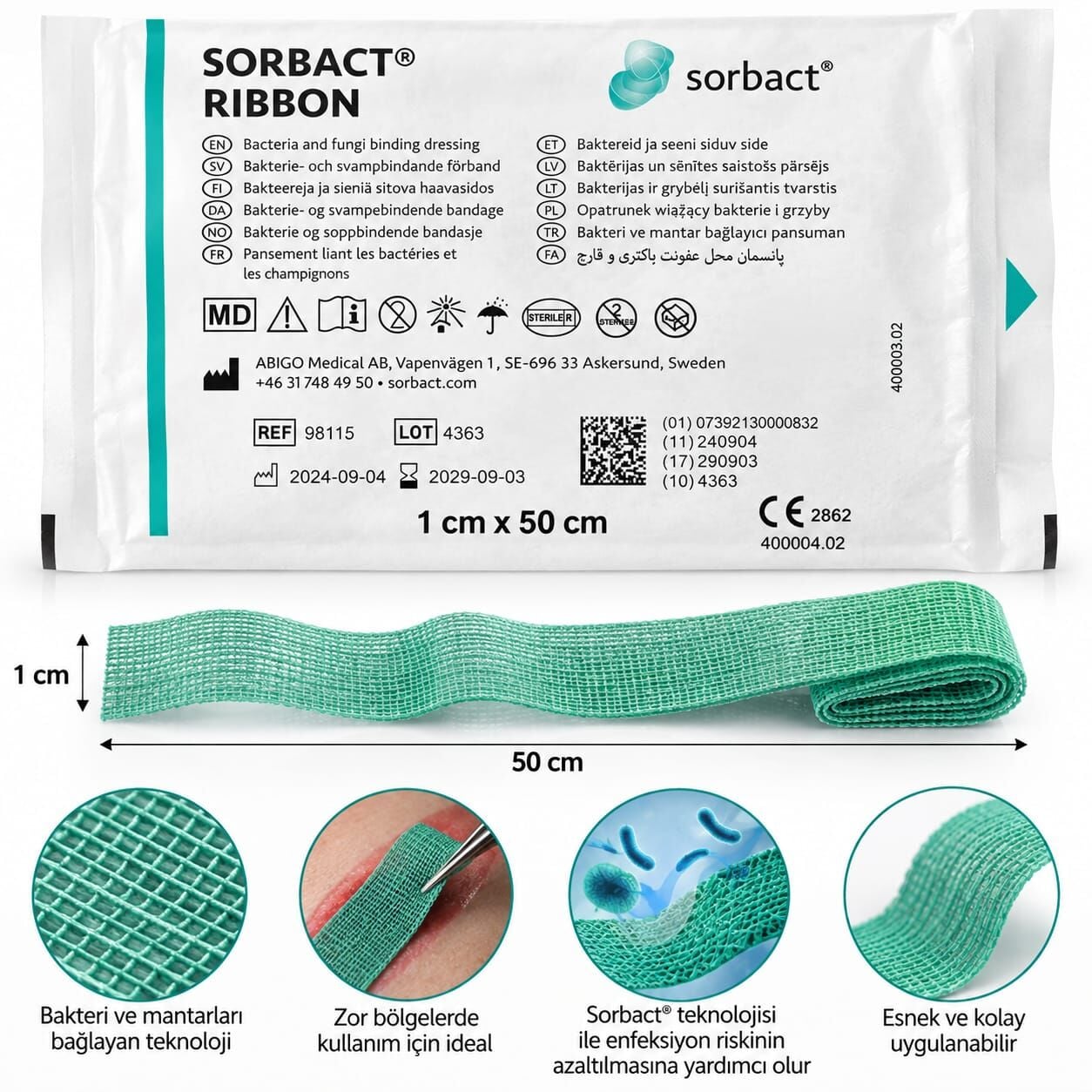Sorbact Ribbon Gauze Bakteri Bağlayıcı Yara Örtüsü 1x50 cm